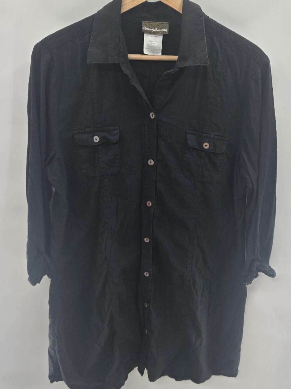 Tommy Bahama Black 100% Cotton Roll Tab Button Down Shirt Dress Size Medium